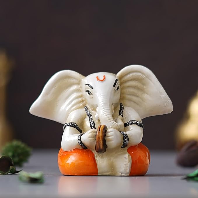 Ecraftindia White & Orange Polyresin Handcrafted Lord Ganesha Idol Playing Cymbals Musical Instrument | Decorative God Statue Ideal