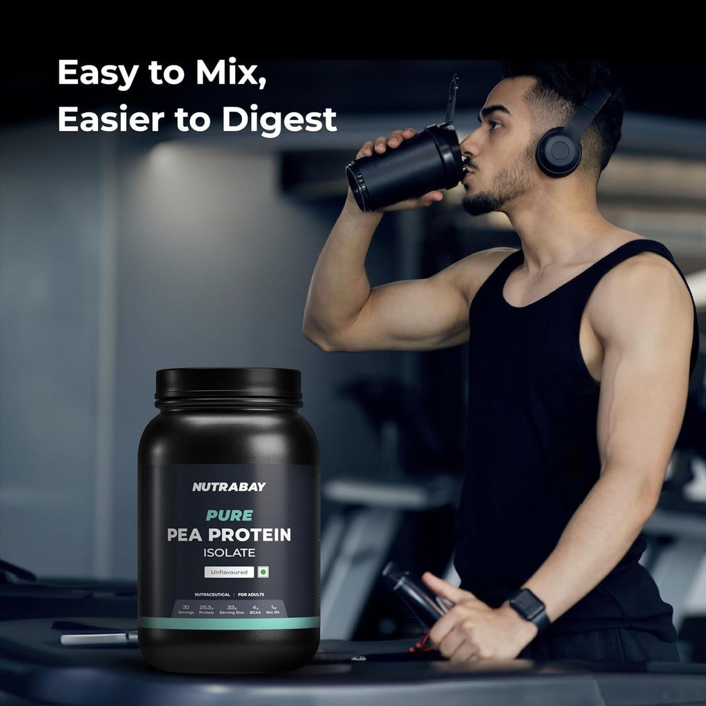 Nutrabay Pure Pea Protein Isolate - 25.3g Protein, 5g BCAA, Designed for Meal Supplementation, Easy to Digest Plant Protein for Muscle Growth & Recovery - 1 Kg Unflavoured, 30 Servings