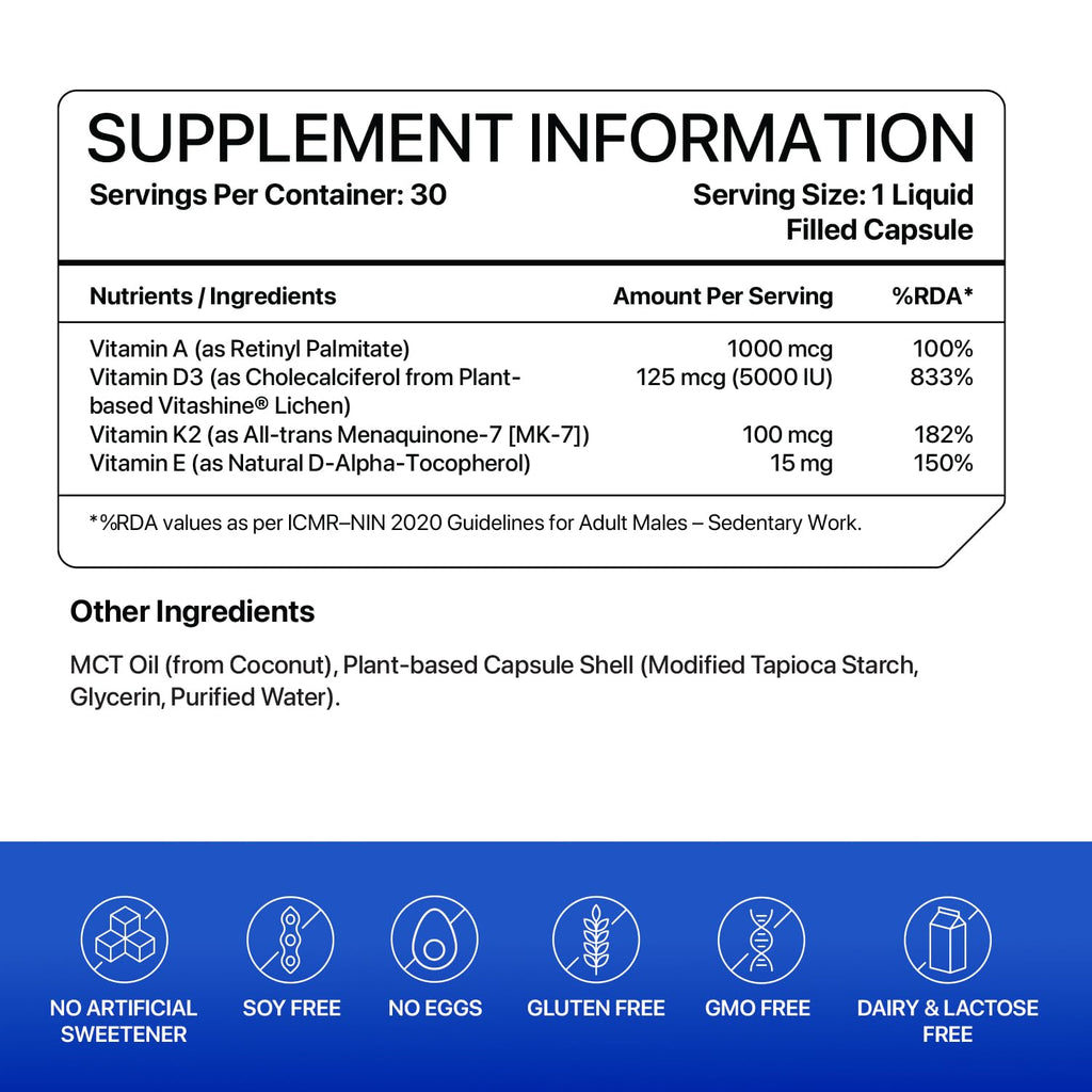 Decode Age DAKE 5000 IU | Vitamin D3 K2 Supplement with Vitamins E & A in MCT Oil for Bone, Immune, Heart and Vision Support | Vegan Capsules | 1 Month Supply
