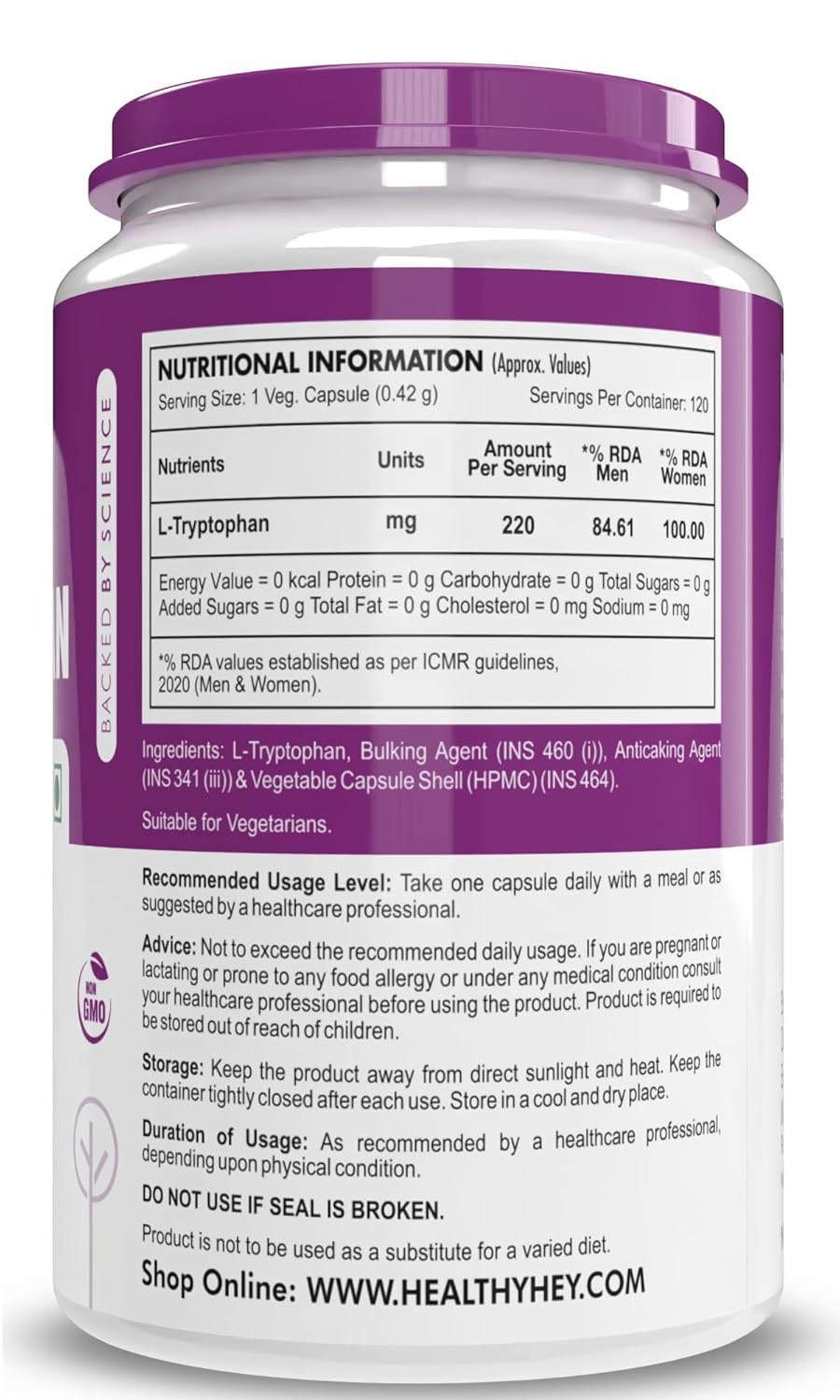 HealthyHey Nutrition L-Tryptophan - 120 Veg Capsules