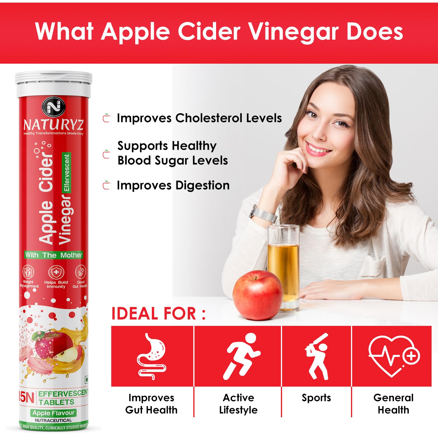 Naturyz Apple Cider Vinegar Effervescent Tablets | Detox | Immunity | Supports Digestion | Gluten-Free | Vegan - 15 tablets (Apple Flavour)