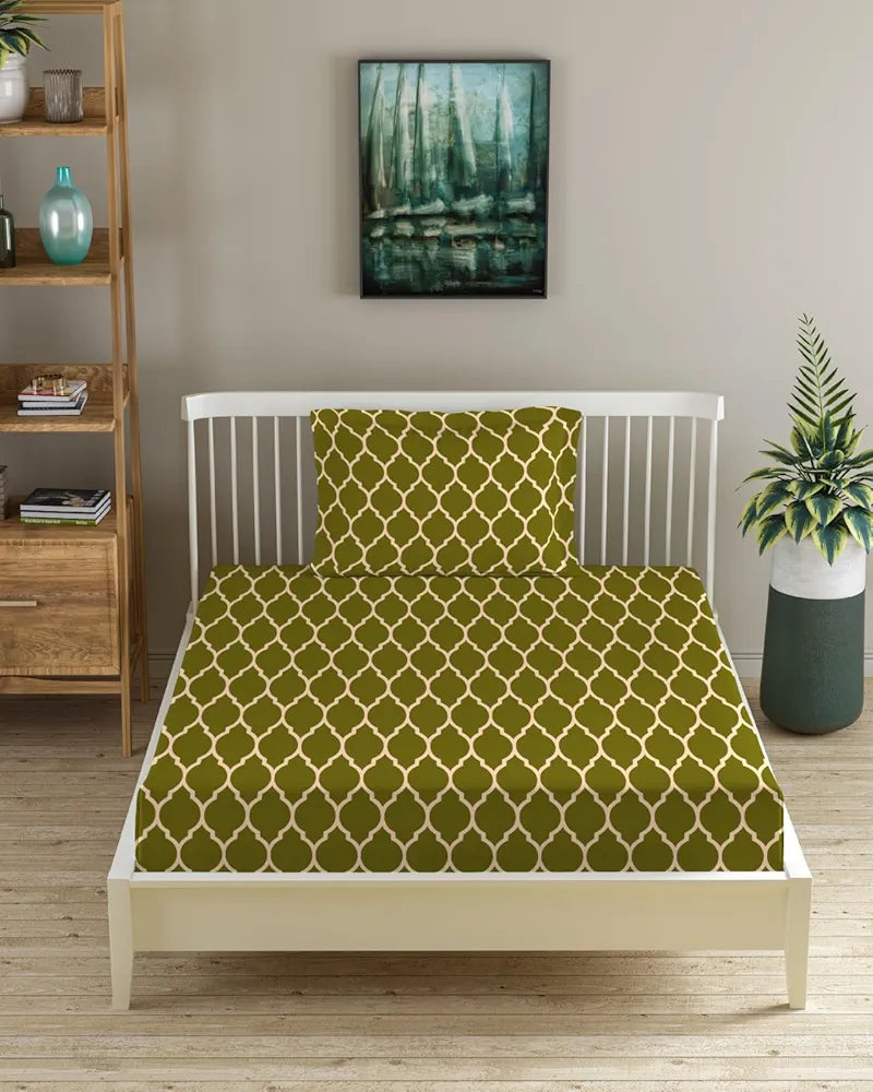 Trance Home Linen 200TC 100% Cotton 78"x36" Single Size Elastic Fitted Bedsheet Printed with 1 Pillow Cover Colour Dori Forest Green