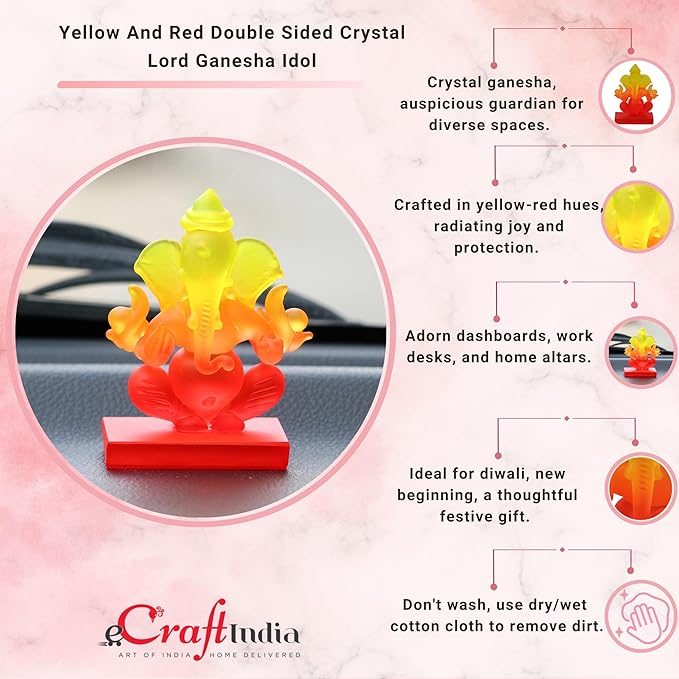 Ecraftindia Yellow and Orange Double Sided Crystal Car Ganesha Showpiece