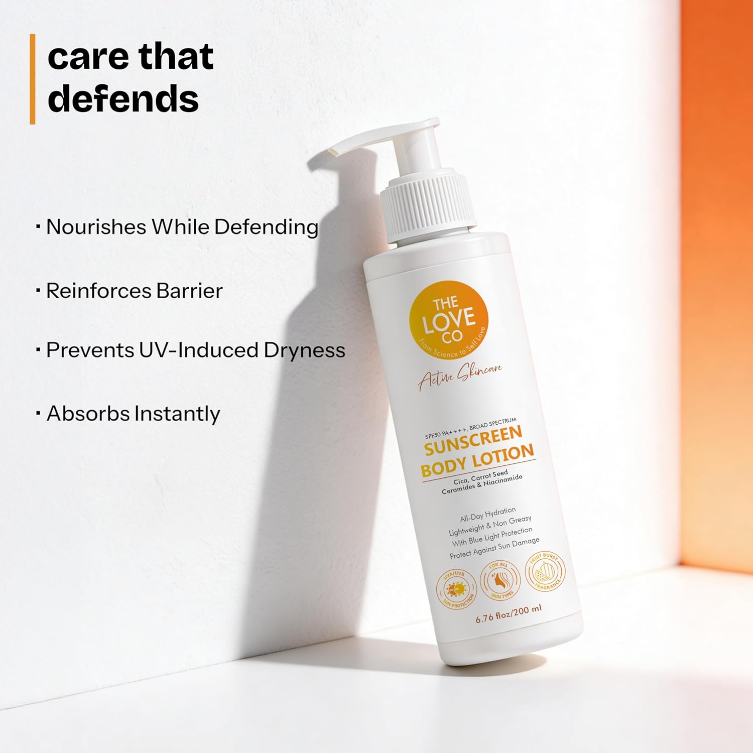 THE LOVE CO Sunscreen Body Lotion SPF 50 PA++++ for Women & Men 200ml | Broad Spectrum UVA UVB Protection | No White Cast, Lightweight & Non-Greasy | Niacinamide, Carrot seed , Cica & Ceramide | Face & Body, All Skin Types