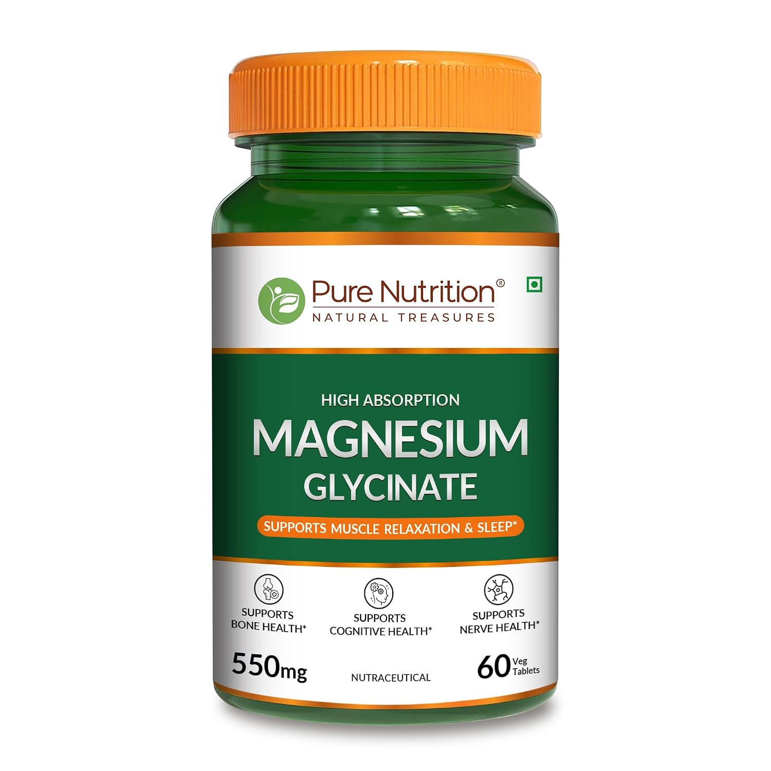 Pure Nutrition Magnesium Glycinate 550mg - 60 Tablets | High Absorption Magnesium Supplement for Daily Wellness | Supports Muscle Relaxation, Sleep & Nerve Function