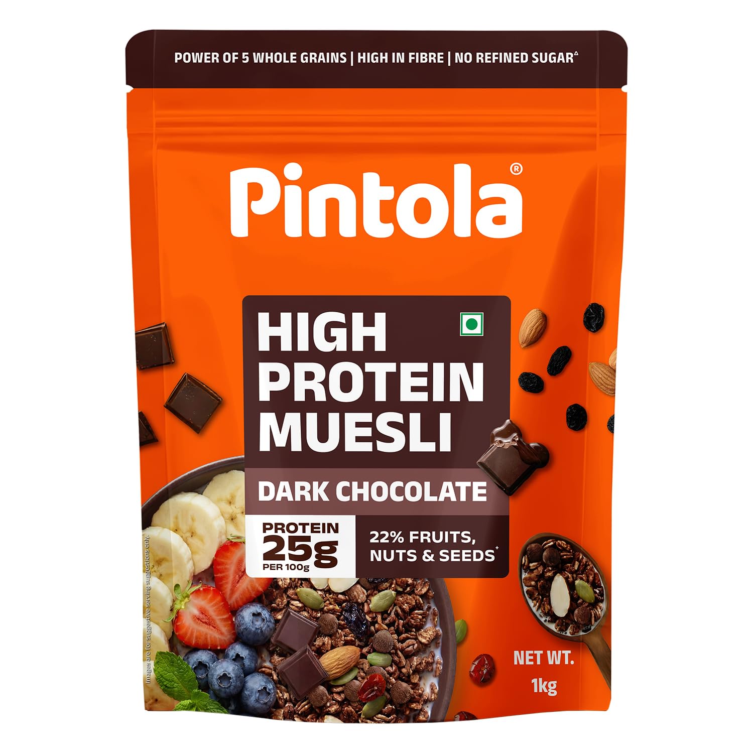 Pintola 25g High Protein Dark Chocolate & Cranberry Muesli 1kg, No Refined Sugar, Trans Fat Free, High Fibre, Gluten-Free, Breakfast Cereal