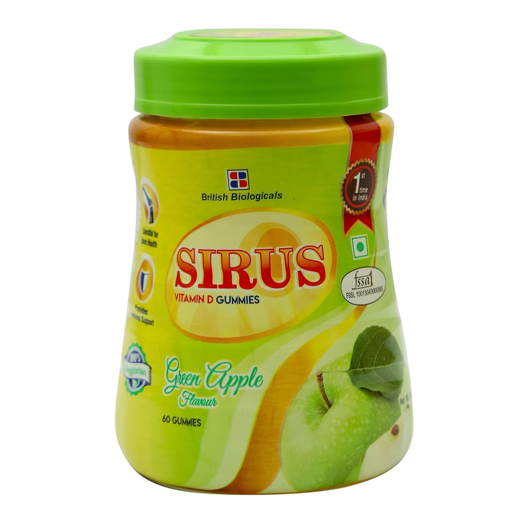 British Biologicals Sirus Vitamin D Gummies|Vitamin D Gummies for Men & Women|Gluten-Free|Supports Bone,Teeth & Muscle Health|Non-GMO|Maintains Calcium Levels|Green Apple Flavour|60 Count