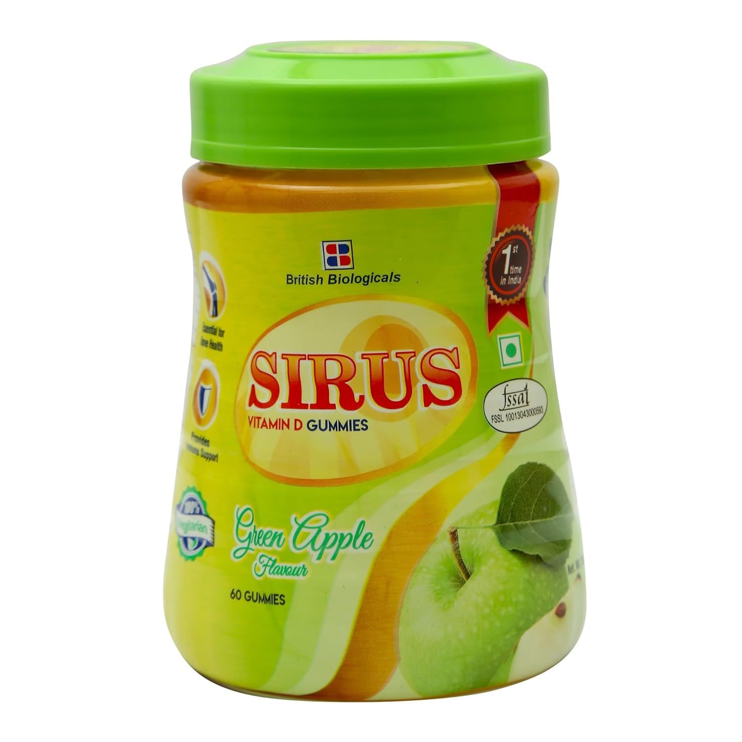 British Biologicals Sirus Vitamin D Gummies|Vitamin D Gummies for Men & Women|Gluten-Free|Supports Bone,Teeth & Muscle Health|Non-GMO|Maintains Calcium Levels|Green Apple Flavour|60 Count
