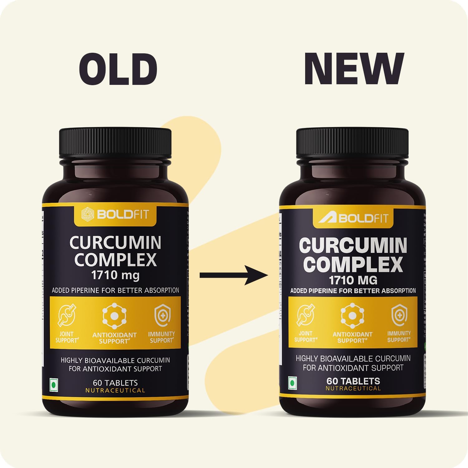 Boldfit C3 Complex Curcumin Tablets 1710mg with 95% Piperine Turmeric ,Curcuma Longa and Ginger Extract Supports Joint Health Inflammation Care and Mobility Plant Based Herbal Supplement for Daily Wellness- 60 Veg Tablets