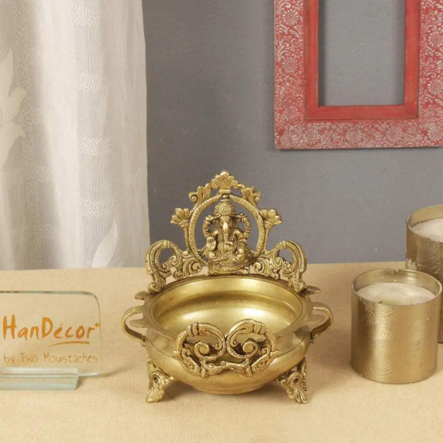 Two Moustaches Brass Ethnic Carved Ganesha Design 7 Inches Brass Urli Decor Bowl Golden Brass
