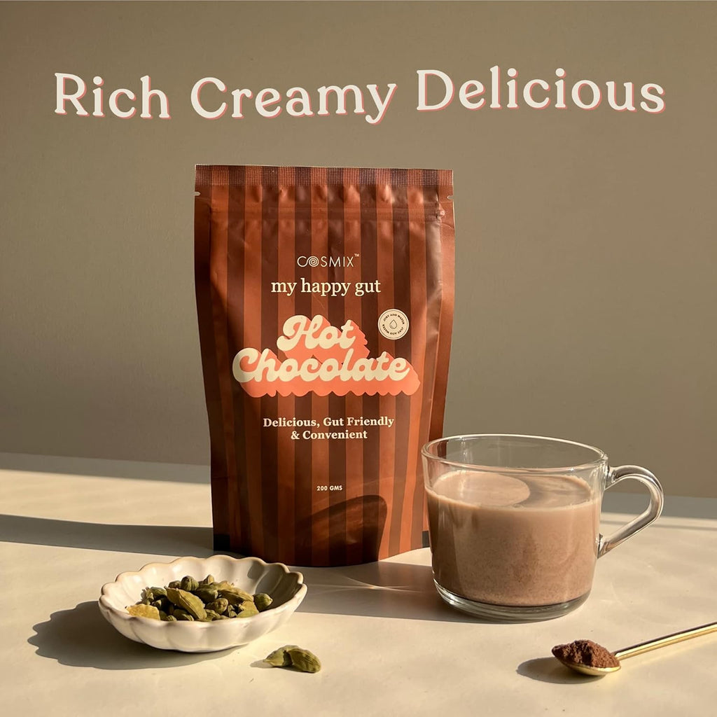 Cosmix My Happy Gut Hot Chocolate | For Improved Digestion & Overall Gut Health | Zero Refined Sugar, No Preservatives | Plant Based | Just add water & Enjoy | 200 gm - Makes upto 14 Cups