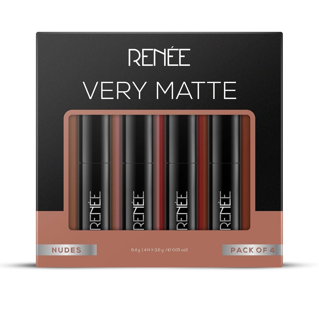RENEE Very Matte Pack of 4 Matte Lipsticks - Nudes, Intense Color Pay Off, Full Coverage, Long Lasting & Weightless, Easy Glide Formula With Velvety Finish, Suitable for All Occasion & Gifting