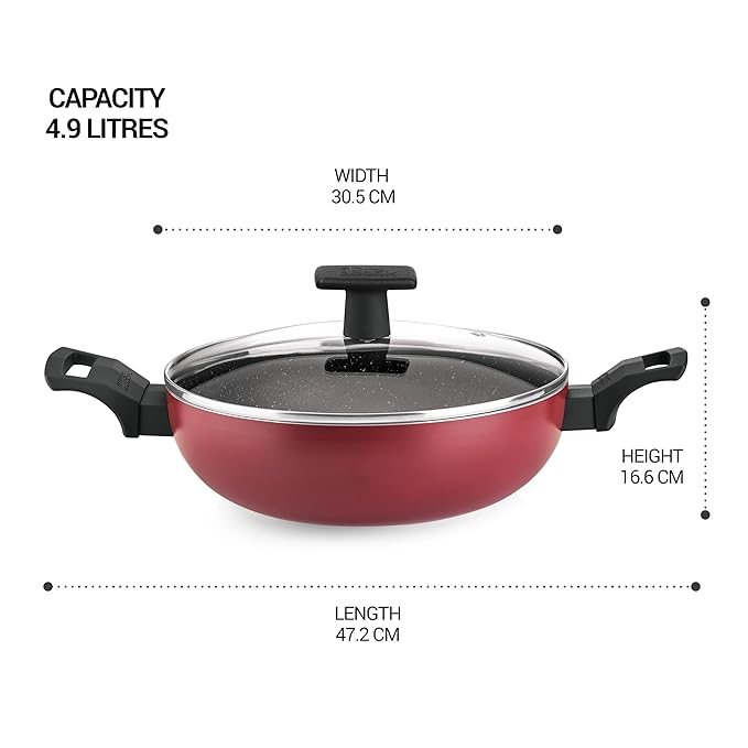 Milton Pro Cook Granito Induction Kadhai With Glass Lid, 30 Cm / 4.9 Litre - 2020 gms