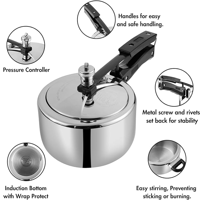 Vinod Straight Platinum Triply Stainless Steel Inner Lid Pressure Cooker - 2 Litres | Sas Bottom | Induction Ready