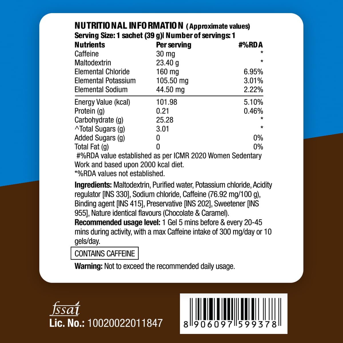 Fast&Up Energy Gel- Chocolate Bourborn flavour (Caffeinated) - Pack of 6 Gel Sachets, 39g per sachet- For Instant energy boost, Improved endurance and performance