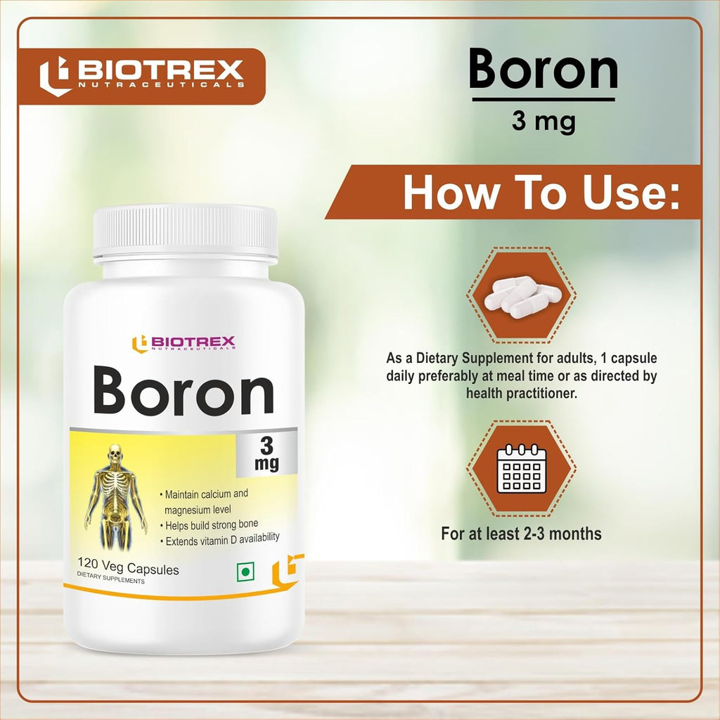 Biotrex Nutraceuticals Boron 3mg | 120 Veg Capsules | Build Strong Bones | Improve Muscle Coordination