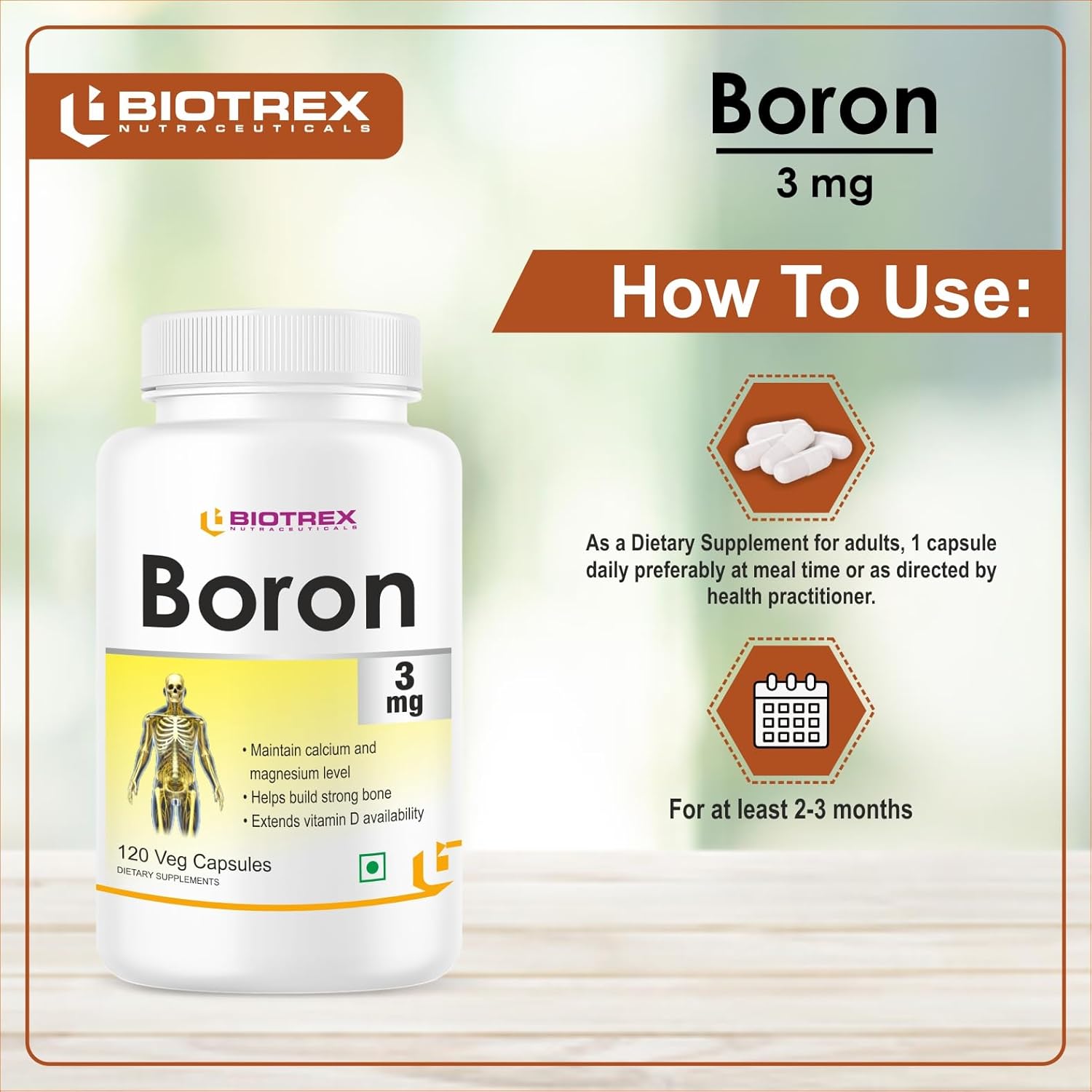 Biotrex Nutraceuticals Boron 3mg | 120 Veg Capsules | Build Strong Bones | Improve Muscle Coordination