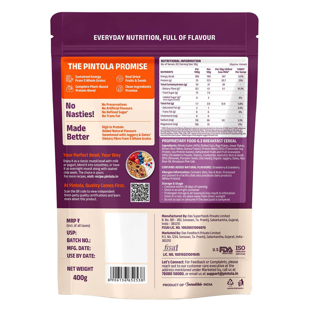 Pintola 25g High Protein Fruit & Nut Muesli 400g, Naturally Sweetened with Organic Jaggery & Dates, No Refined Sugar, Gluten-Free, Breakfast Cereal