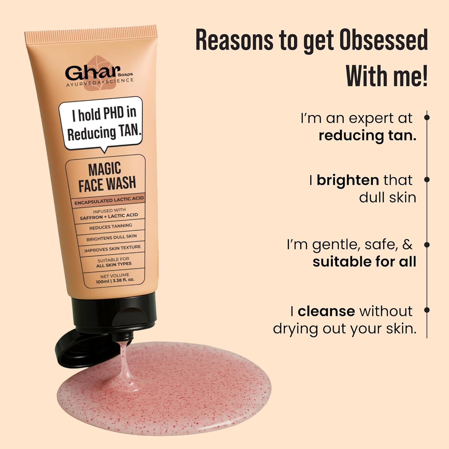 Ghar Soaps De-Tan Face Wash | For Tan Reducing, Brightening & Glowing Skin | With Sandalwood, Saffron, Coconut Oil & Goat milk | For All Skin Types | 100ml