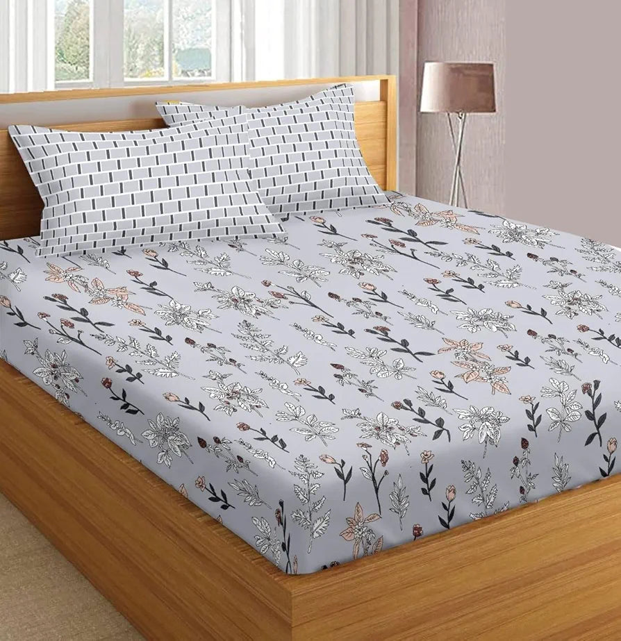 Trance Home Linen 100% Cotton 180 TC 78"X72" Standard King Size Elastic Fitted Bedsheet Printed King Bed Size With 2 Pillow CoversSlate Colour Blue Carnations