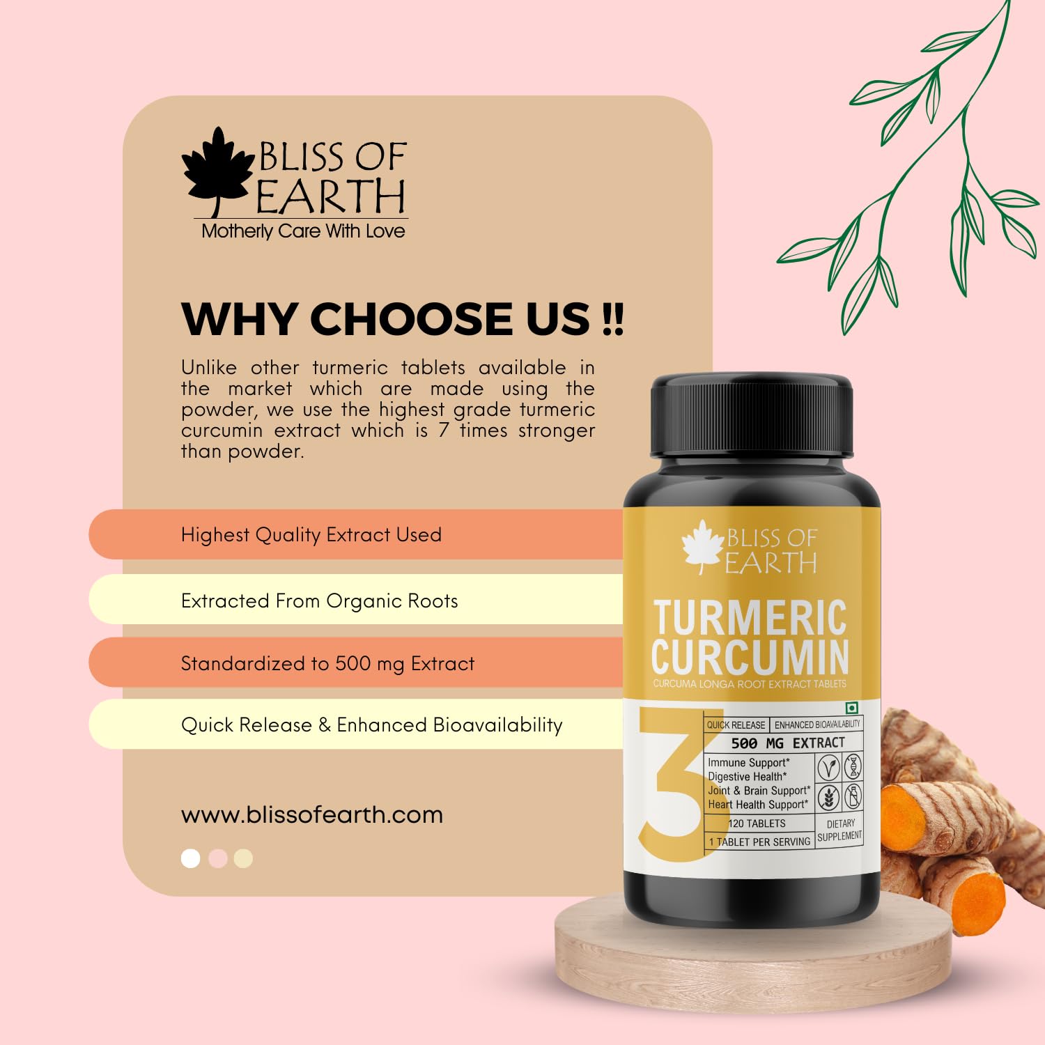 Bliss of Earth Turmeric Curcumin Tablets, 95% Curcuminoids, 500 mg Extract (Equivalent to 3700 mg Root Powder) High Potency, Quick Release & Enhanced Bioavailability., 60 Tablets