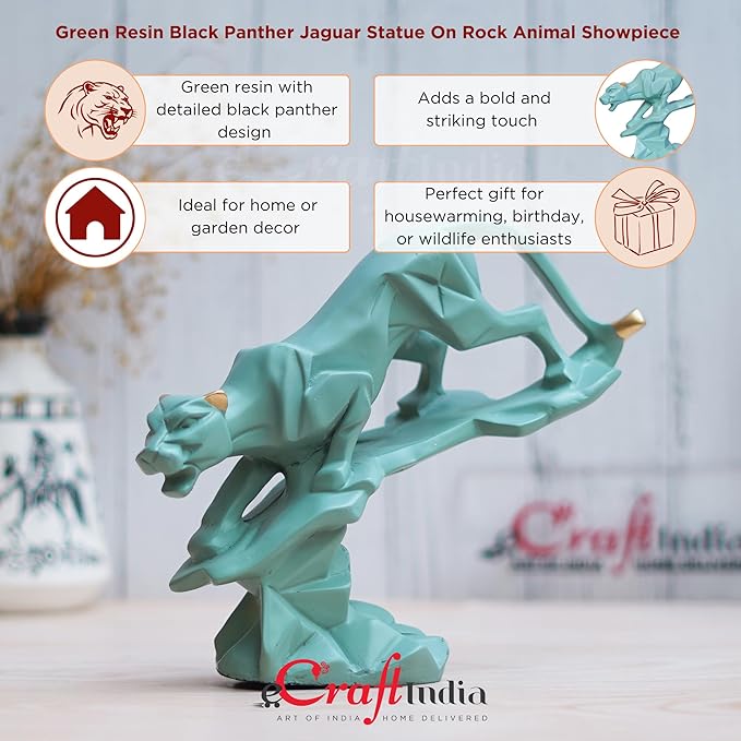 Ecraftindia Green Polyresin Black Panther Jaguar Statue on Rock Animal Showpiece