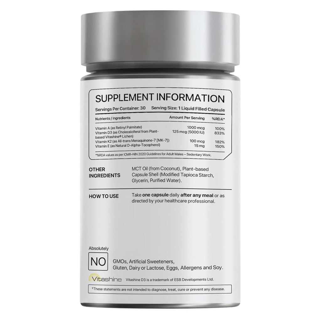 Decode Age DAKE 5000 IU | Vitamin D3 K2 Supplement with Vitamins E & A in MCT Oil for Bone, Immune, Heart and Vision Support | Vegan Capsules | 1 Month Supply