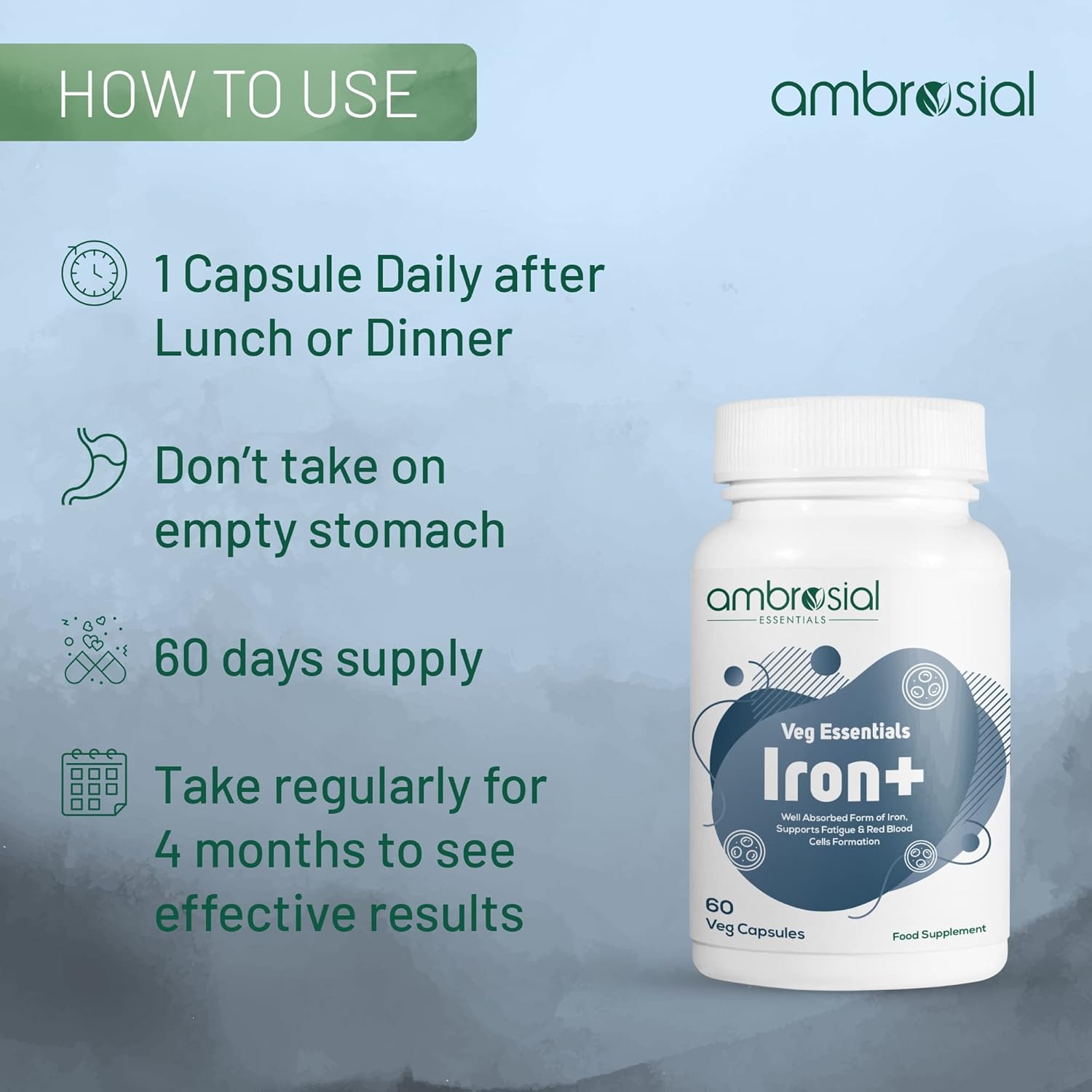 Ambrosial Iron Tablets High Strength 25mg| Iron Supplement for Women & Men| Blood Support & Helps Reduce Tiredness & Fatigue | Enhanced Absorption & Non - Constipating (Pack of 1-60 Capsules)