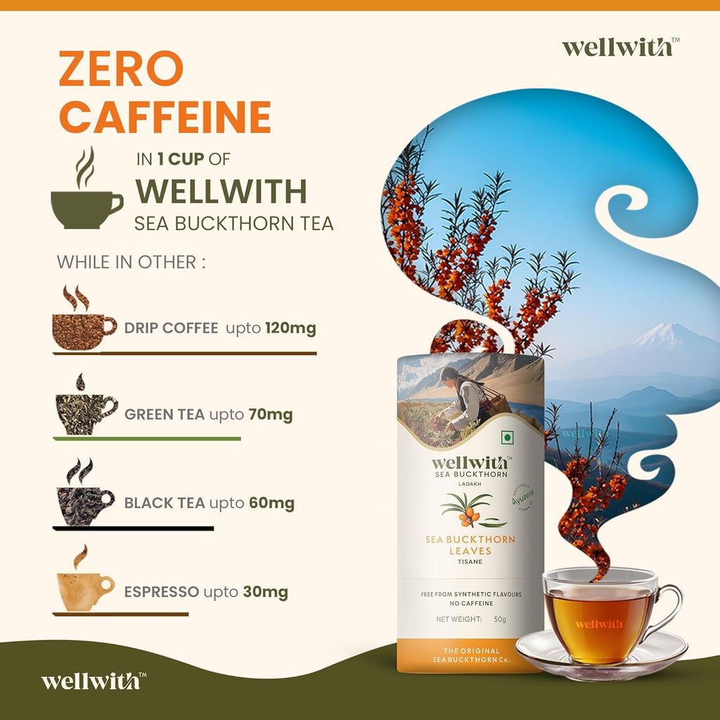 Wellwith by Ayuzera Sea Buckthorn Raw Leaves Tea, Good For Skin and Immunity, For a Healthy Lifestyle - Himalayan Herbal Tea - Pure & Natural (100g)
