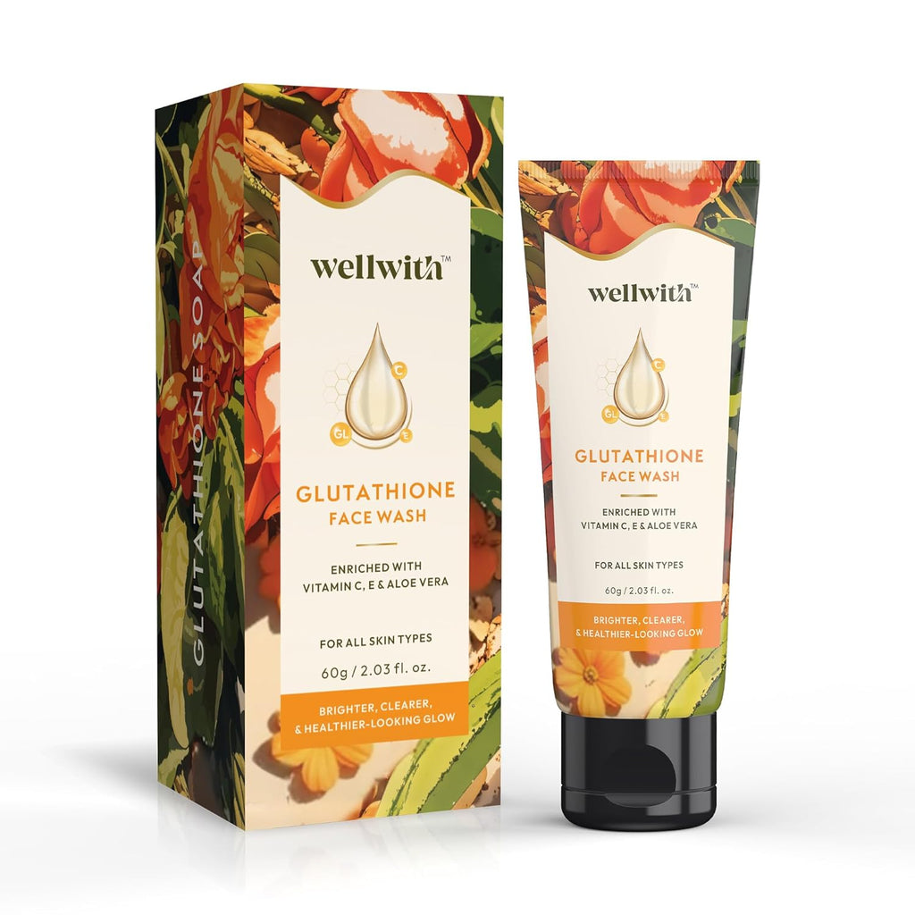 Wellwith by Ayuzera Glutathione Face Wash, Vitamin C & E, Kojic Acid Aloe Vera, Glowing Skin, Oil Control, Cleansing Face Wash Skin Rejuvanating (100ml, Pack of 1)