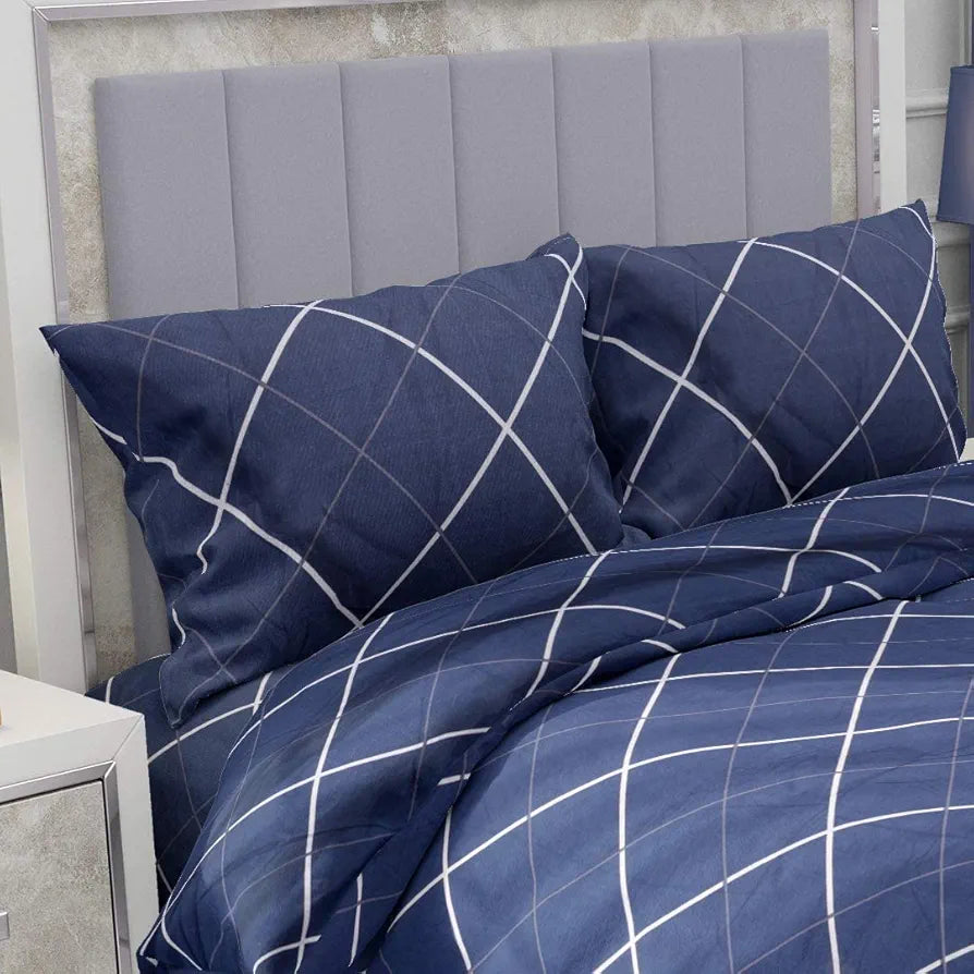The Home Style Cotton Feel Glace Cotton Elastic Fitted Printed Queen Size Double Bed Bedsheet With 2 Pillow Cover,300 TC Navy Blue