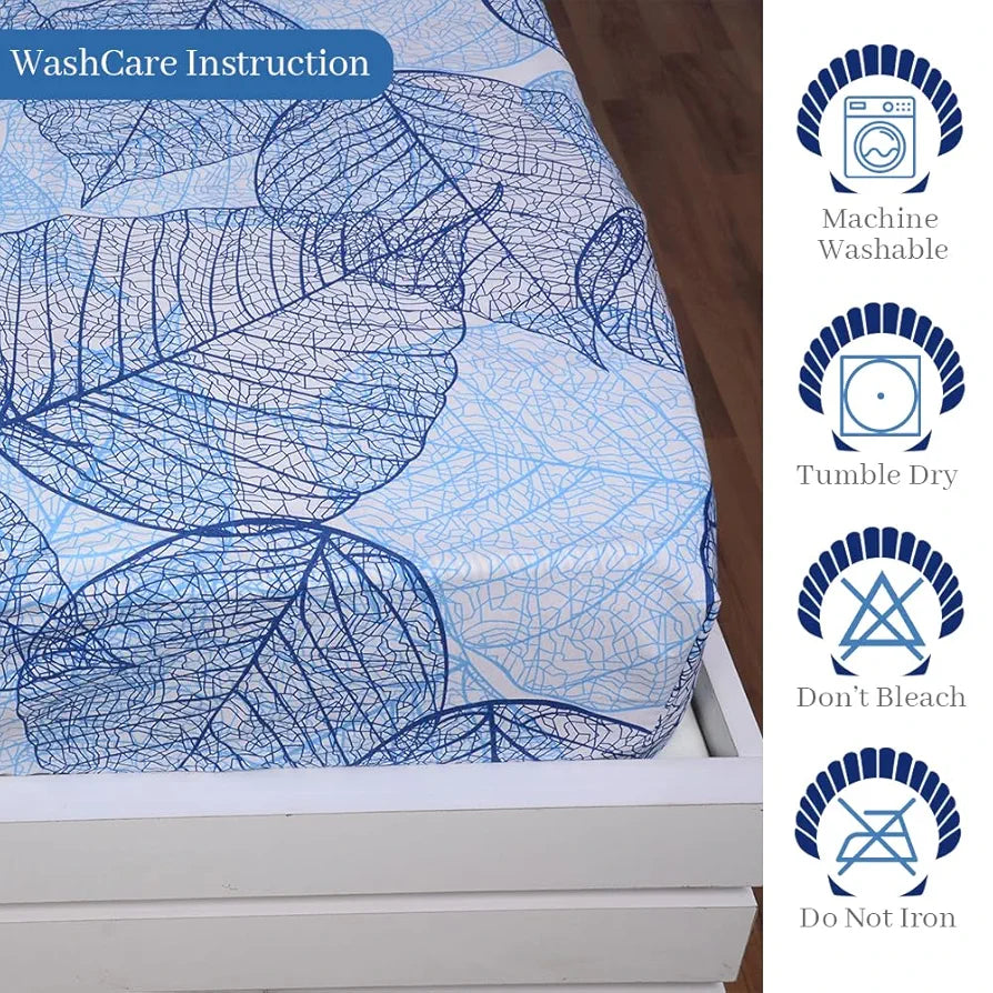 Divine Casa 144 TC Cotton Fitted Bedsheet for Double Bed Elegant Iris Print Dry Leaf Blue Elastic Fit with 2 Pillow Covers