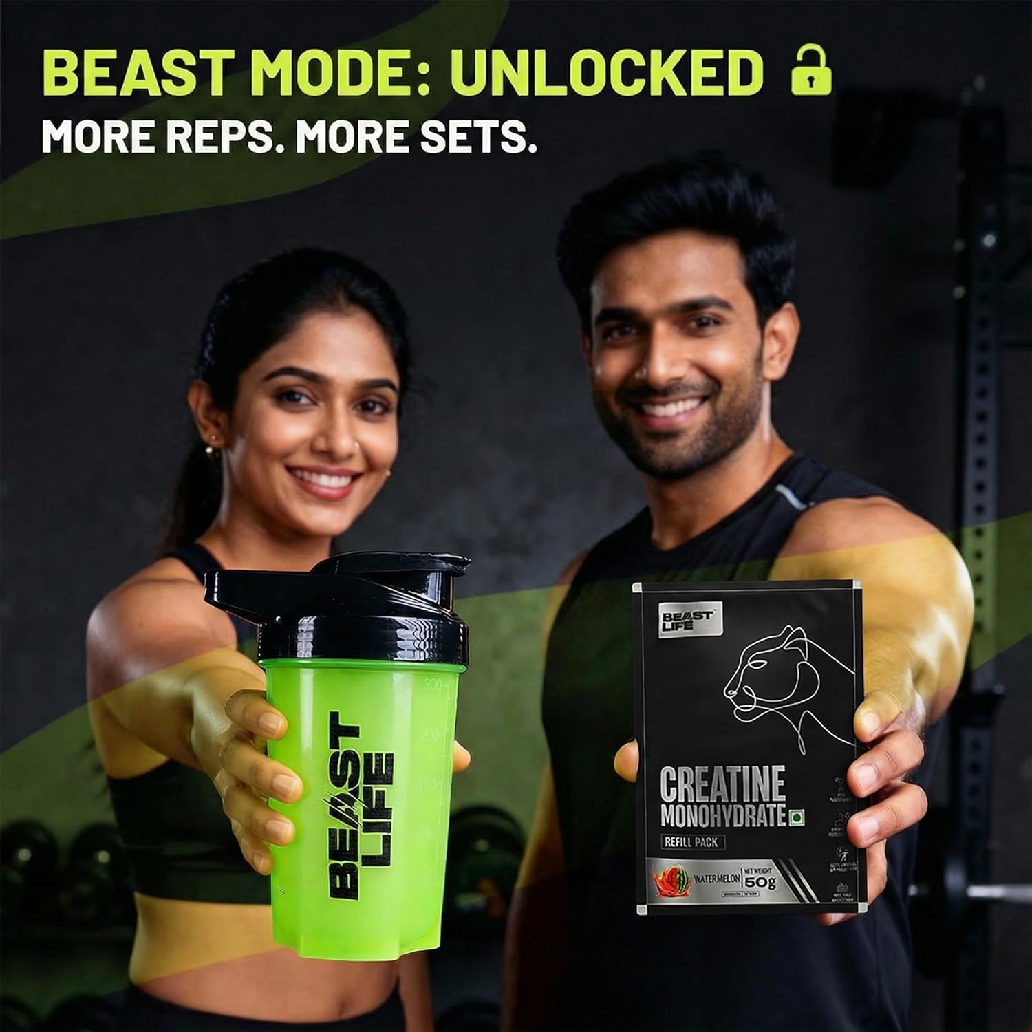 Beastlife Pure Super Micronised Creatine & Shaker Pack | 50 g | 13 Servings | Watermelon | NABL Lab Tested | Rapid Absorption for Muscle Strength & Athletic Performance | Super Micronised Creatine Powder
