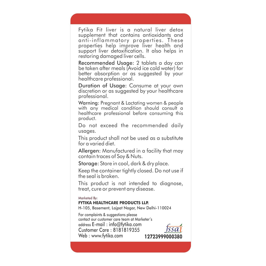 Fytika Fit Liver Detox Supplement with Milk Thistle (60 Tablets) | For Healthy and Strong Liver| Enriched with Milk Thistle, Kalmegh, Kutaki, Curcumin, Bhuiamlaki and Probiotics