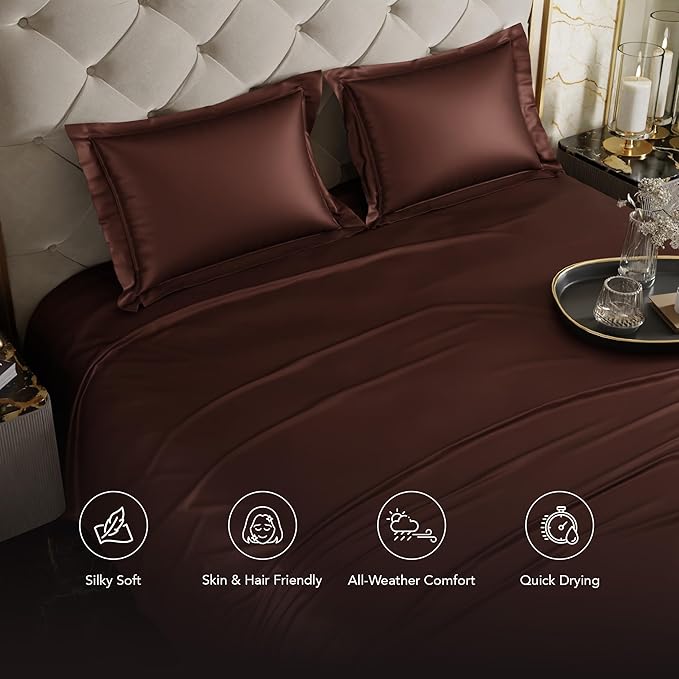 Stoa Paris Satin Bedsheets for King Size Bed 300TC Premium Bedsheet with 2 Pillow Cover Colour Hot Chocolate