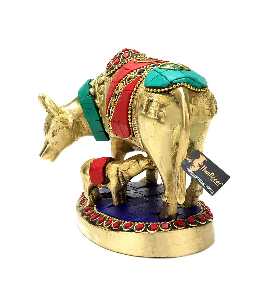 Two Moustaches Gemstone Work 5.5 Inches Kamdhenu Cow Brass Showpiece
