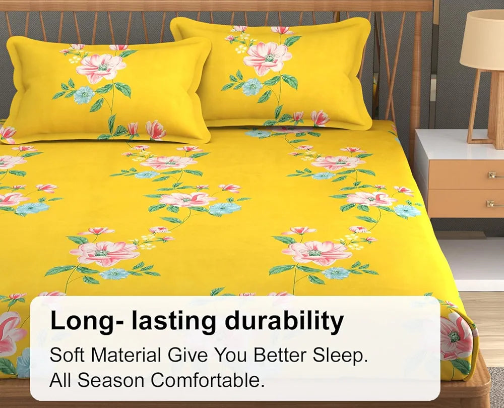 Fresh From Loom Hypoallergenic King Size Floral Print Bedsheet Set 240 TC Includes 2 Pillow Covers Daisy-Yellow