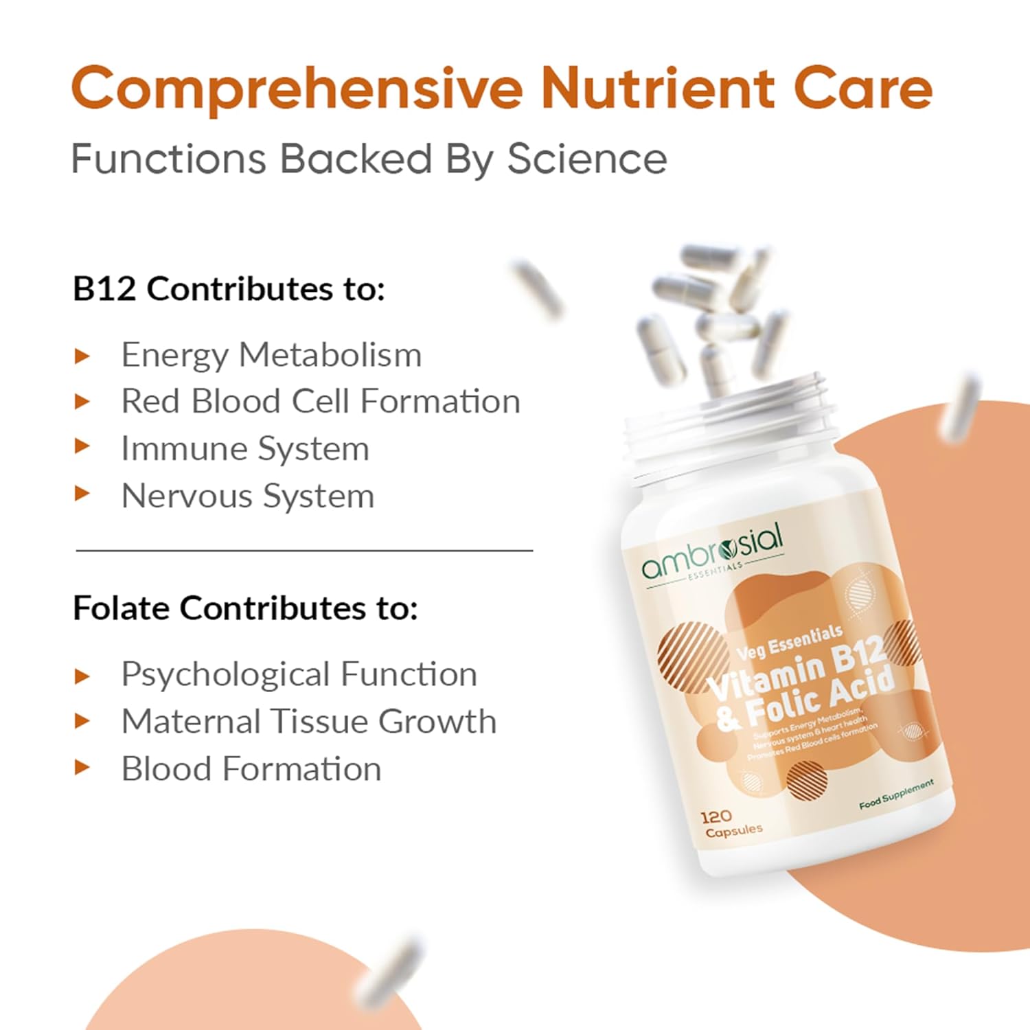 Ambrosial Vitamin B12 1000 mcg + 500 mcg Folic Acid | High Strength 1500 mcg b12 vitamin & Folic Acid |Reduction of Tiredness & Fatigue | B12 Supplement for Immune System & Energy | 120 Vegan Capsules