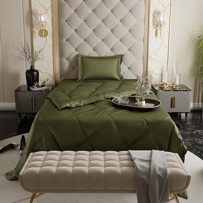 Stoa Paris Satin Comforter Double Bed with 300 TC 1 Pillow Covers Colour Olive Oasis