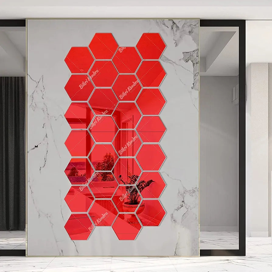 Bikri Kendra Hexagon 20 Red Stickers for Wall Acrylic Mirror Mirror Wall Decor Sticker