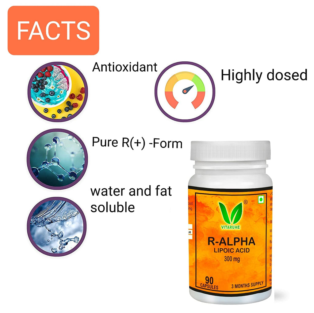 VITARUHE® R-Alpha Lipoic Acid, high Dosage, 300 Mg Per Capsule, Vegan, 3 Month Treatment, Natural Form Of Thioctic Acid, Quality Product, Bioactive dietary supplement without unnecessary additives