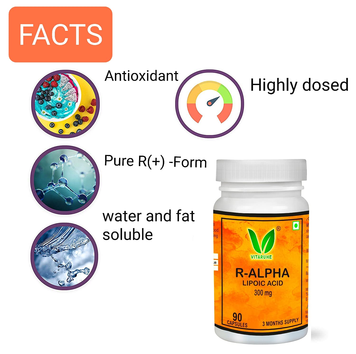 VITARUHE® R-Alpha Lipoic Acid, high Dosage, 300 Mg Per Capsule, Vegan, 3 Month Treatment, Natural Form Of Thioctic Acid, Quality Product, Bioactive dietary supplement without unnecessary additives