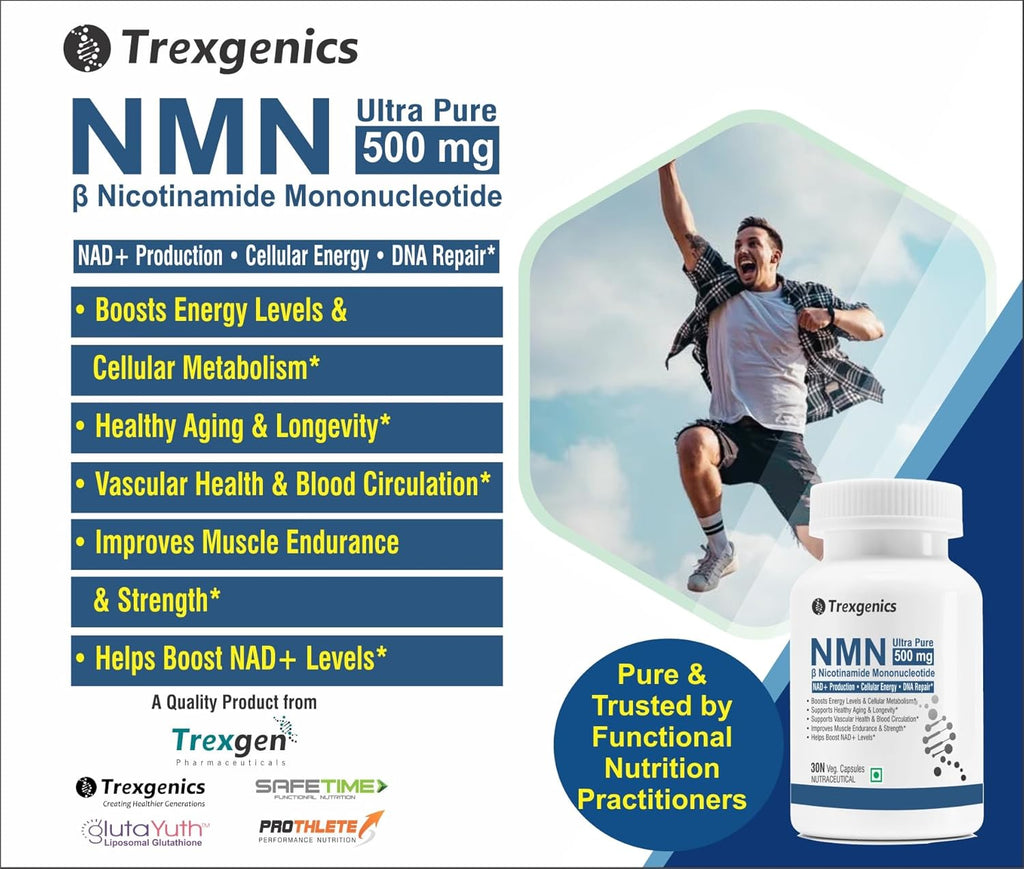 Trexgenics NICOTINAMIDE MONONUCLEOTIDE (NMN) 500 mg ULTRA PURE NAD+ Booster Energy, Muscle Endurance, Cardiovascular Health (30 Veg. caps) (Pack of 1)