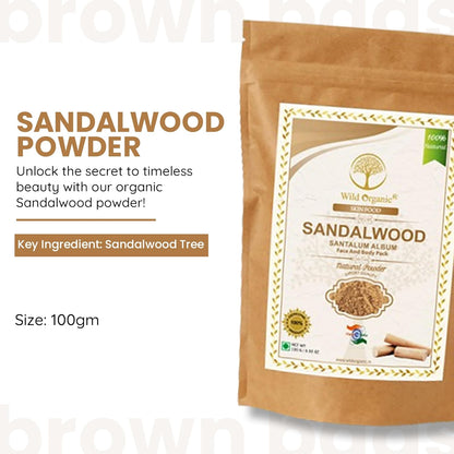 Wild Organic 100% Natural Sandalwood Powder for Face Pack Body Pack - 100 gms