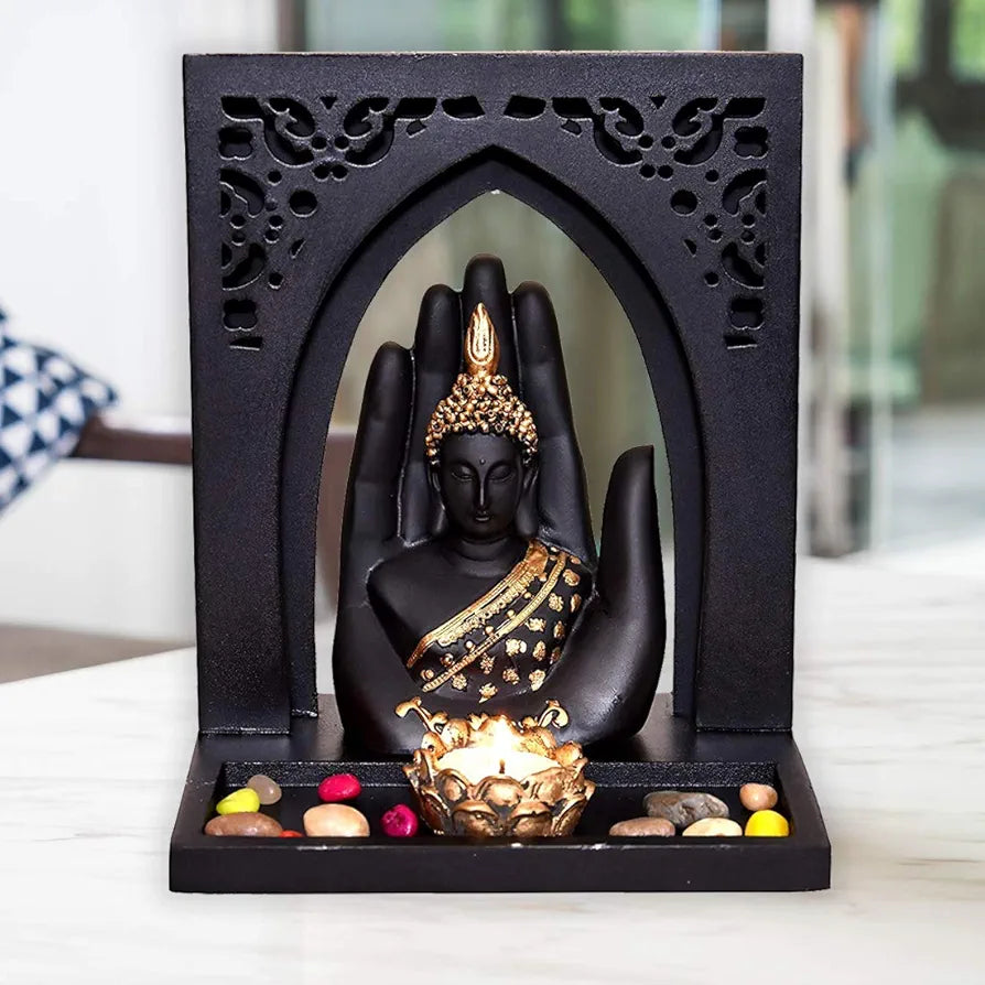 Mariner's Creation Buddha Face Idol With Royal Tray and T Light Holder Gold & Black