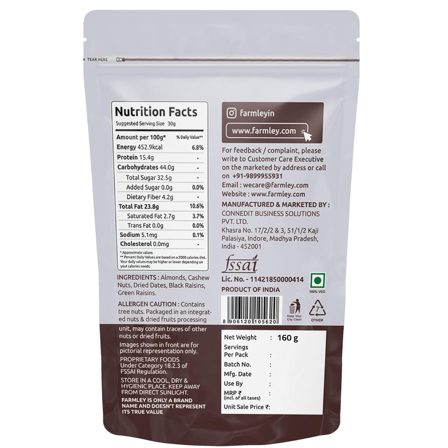 Farmley Panchmeva Dry Fruits Mix, 160g, I Fit for Fasting | Healthy Snacks Mixed Nuts Cotain Almonds, Cashews, Dates, Black Raisin, Green Raisin