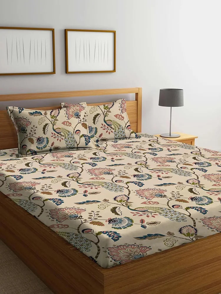 The Home Style Supersoft Cotton King Size Printed Flat Double Bedsheet with 2 Pillow Cover 400 TC Mocha Flora