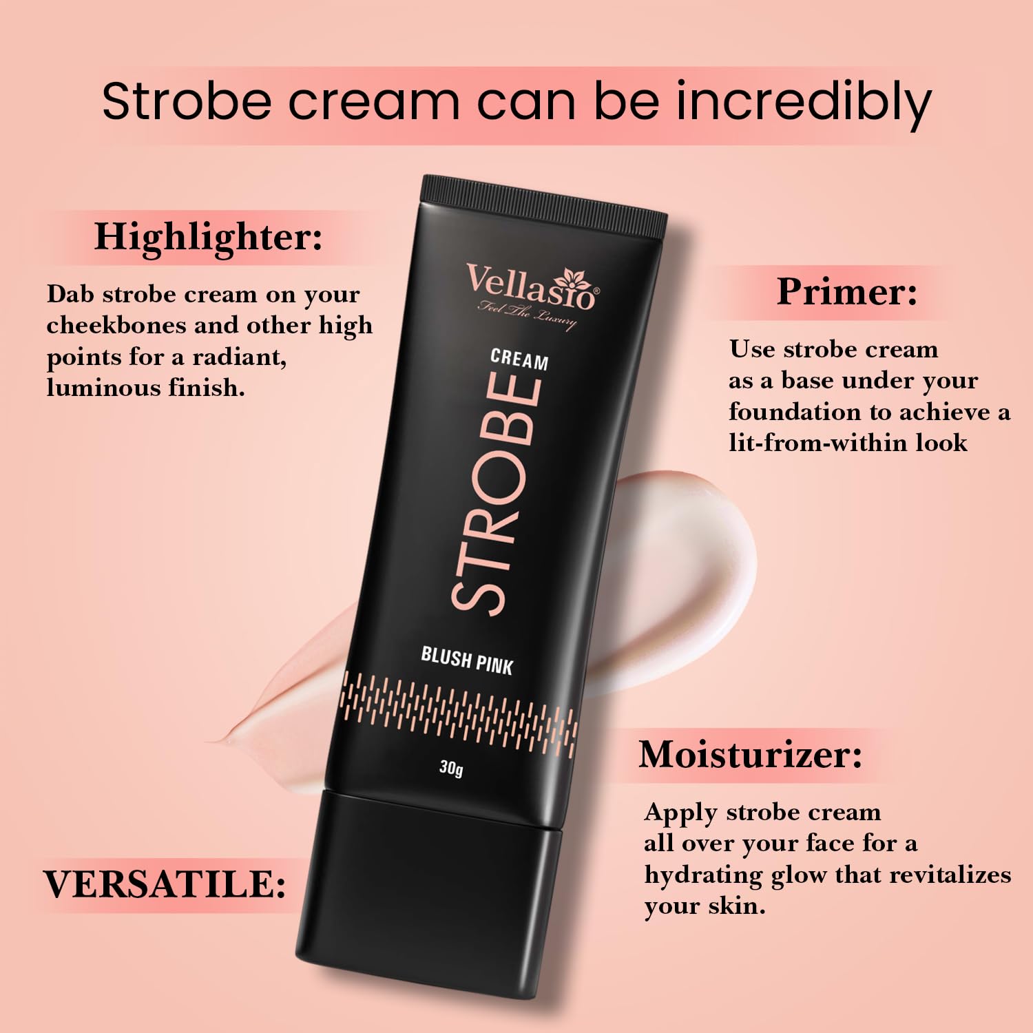 Vellasio Strobe Cream - Blush Pink | Face Illuminator & Primer with Hyaluronic Acid, Squalene & Japanese Sakura | Dewy Glow, Hydration, Non-Comedogenic for All Skin Types - 30g