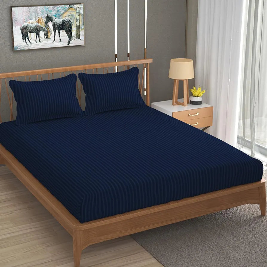 Homefab India 160 TC Stripe Cotton Feel Glace Cotton Elastic Fitted King Size Double Bed Bedsheet with 2 Pillow Covers Fits Upto 6 inches Mattress Navy Blue
