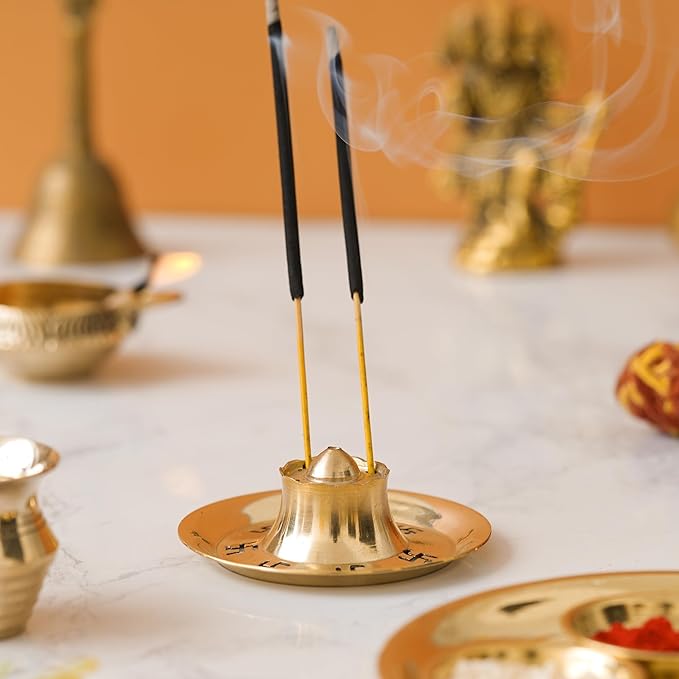 Ecraftindia Golden Brass Agarbatti Stand for Pooja | Incense Stick Holder With Ash Catcher | Agarbatti Holder | Incense Holder